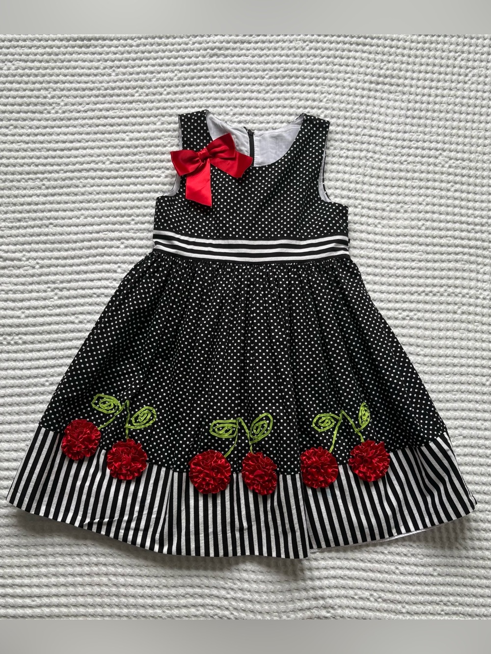 Bonnie Jean Polka Dot Cherry Applique Party Dress Fruit Stripe Mixed Media - 6